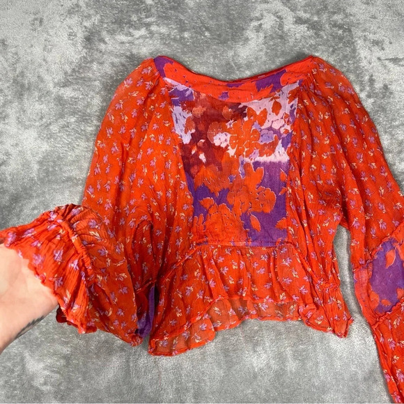 Free People Blouse Womens Small Red Floral Sheer Artsy Boho Ruffle Watercolor - Picture 7 of 14